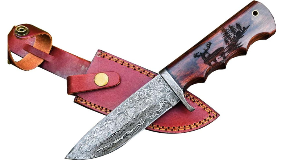 Titan International Knives TD-710 Hunting Fixed Blade Knives, 5in, High Carbon Damascus Steel, Straight Edge, Buck Engraved Walnut Scales Handle, TD-710