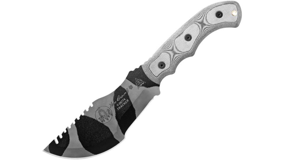 TOPS Knives Tom Brown Tracker Camo Knife, 6.38 camo finish sawback 1095HC steel blade, Black linen micarta handle, TBT-010-CAMO