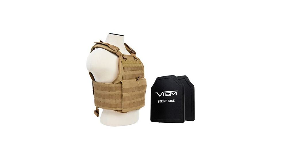 Vism 2924 Series Plate Carrier Vest includes two BSC1012 Soft Ballistic Panels - Shooters Cut 10in X12in, Tan BPCVPCV2924T-A