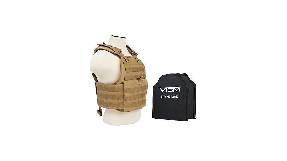 Vism 2924 Series Plate Carrier Vest includes two BSC1012 Soft Ballistic Panels - Shooters Cut 10in X12in, Tan BSCVPCV2924T-A