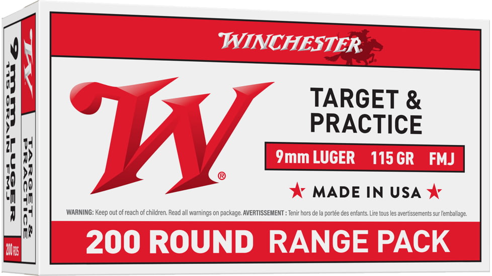 Winchester USA 9mm Luger 115 Grain Full Metal Jacket Brass Cased Centerfire Pistol Ammunition, 200 Rounds, USA9WY