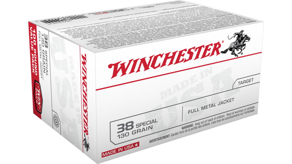 Winchester USA HANDGUN .38 Special 130 grain Full Metal Jacket Centerfire Pistol Ammo, 100 Rounds, USA38SPVP
