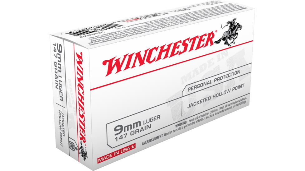 Winchester USA HANDGUN 9 mm Luger 147 grain Jacketed Hollow Point Centerfire Pistol Ammo, 50 Rounds, USA9JHP2