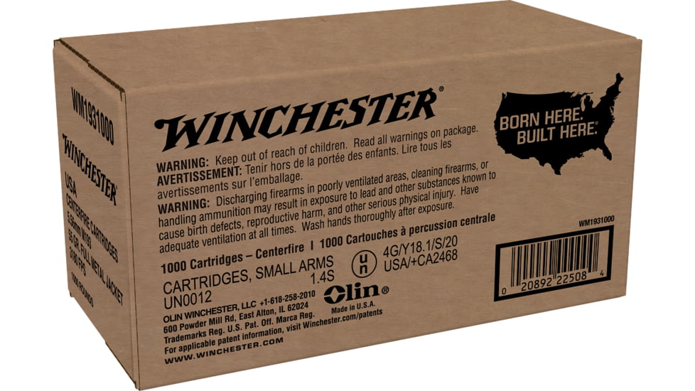 Winchester USA RIFLE, 5.56x45mm NATO, 55 grain, Full Metal Jacket, Brass, Centerfire Rifle Ammo, 1000, WM1931000