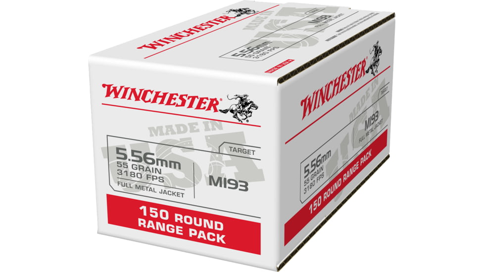 Winchester USA RIFLE, 5.56x45mm NATO, 55 grain, Full Metal Jacket, Brass, Centerfire Rifle Ammo, 150, WM193150