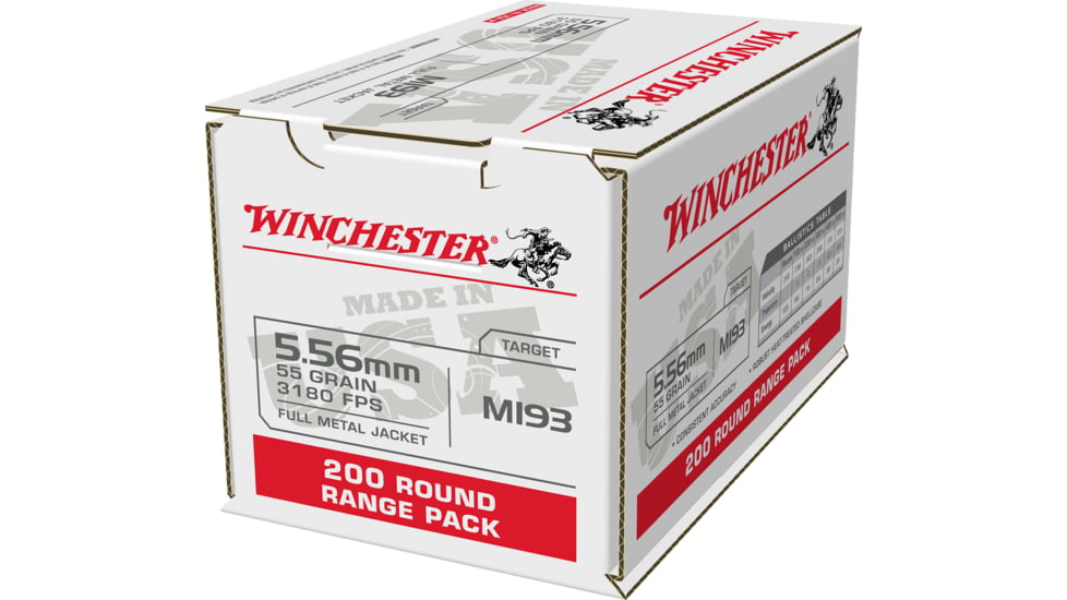 Winchester USA RIFLE, 5.56x45mm NATO, 55 grain, Full Metal Jacket, Brass, Centerfire Rifle Ammo, 200, WM193200