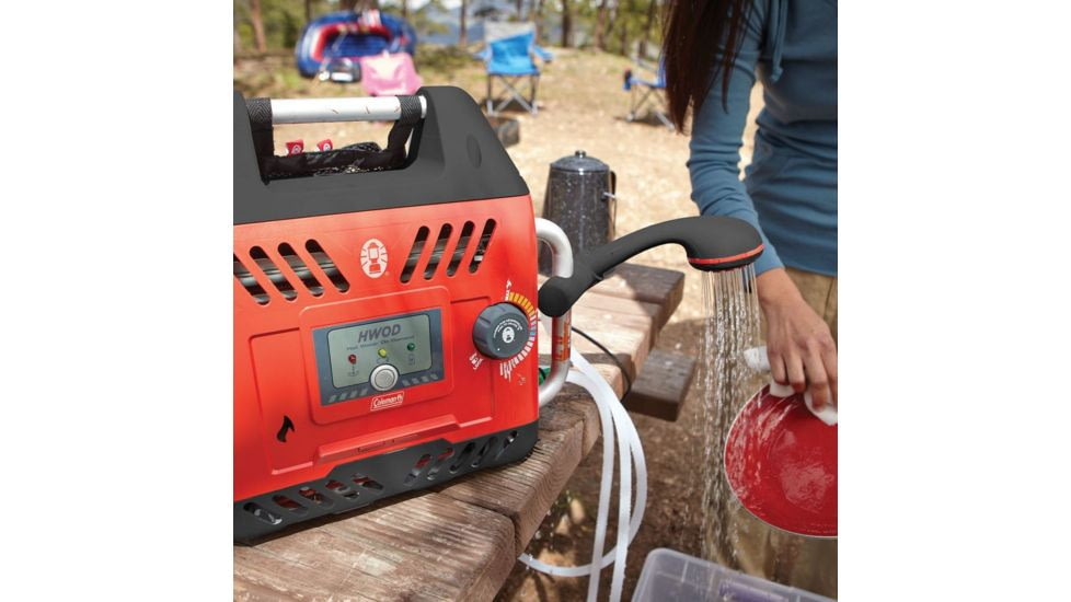 Portable water heaters do dishes and double as showers.