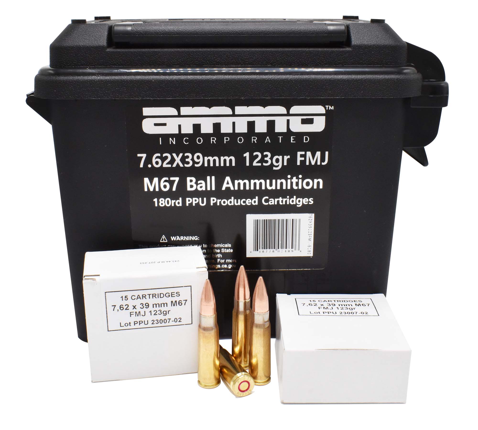 Ammo, Inc. 7.62x39mm 123 Grain Full Metal Jacket Brass Case Rifle Ammunition w/Can