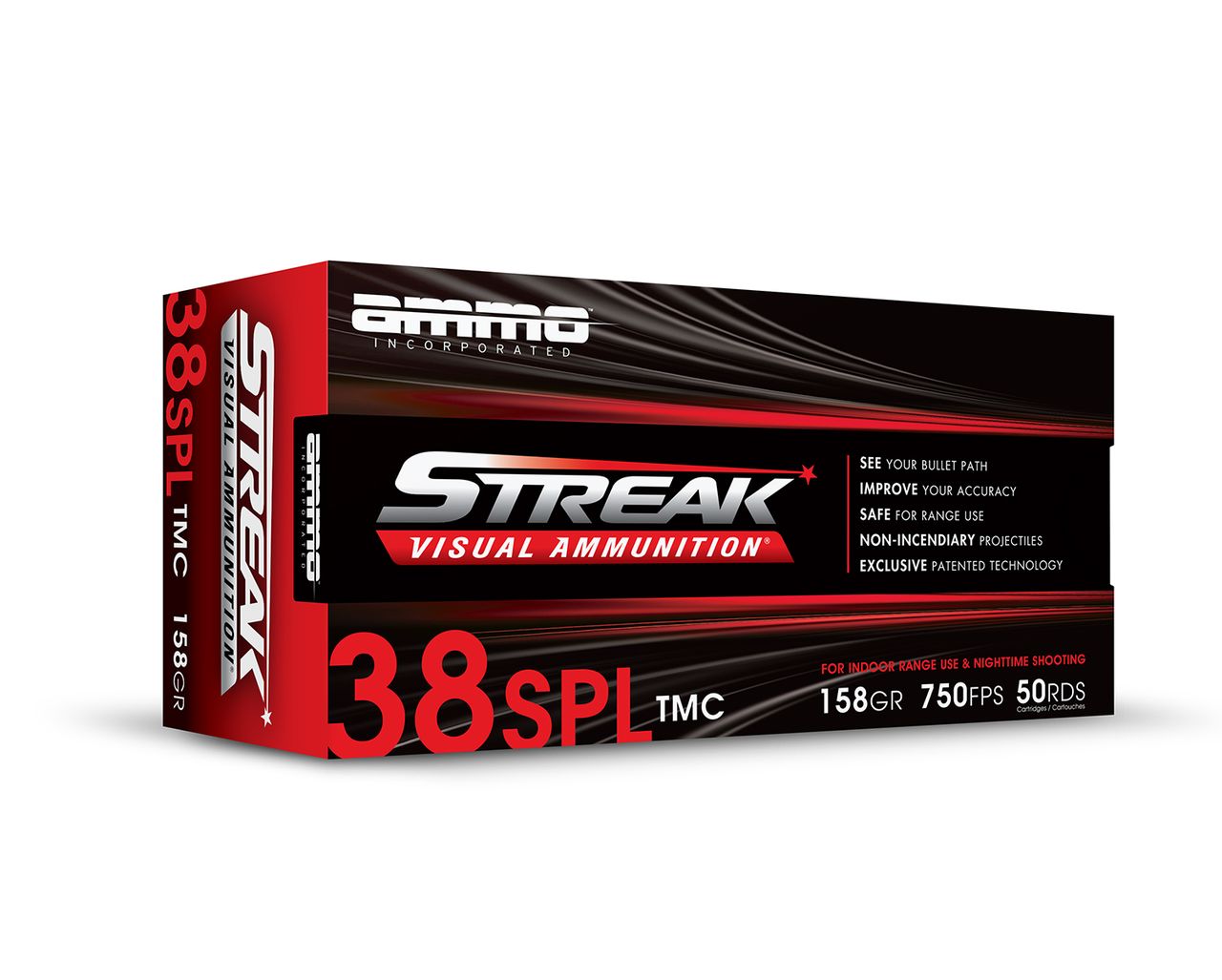 Ammo, Inc. Red Streak 38 SPL 158 Grain TMC FMJ w/Streak Brass Cased Pistol Ammunition