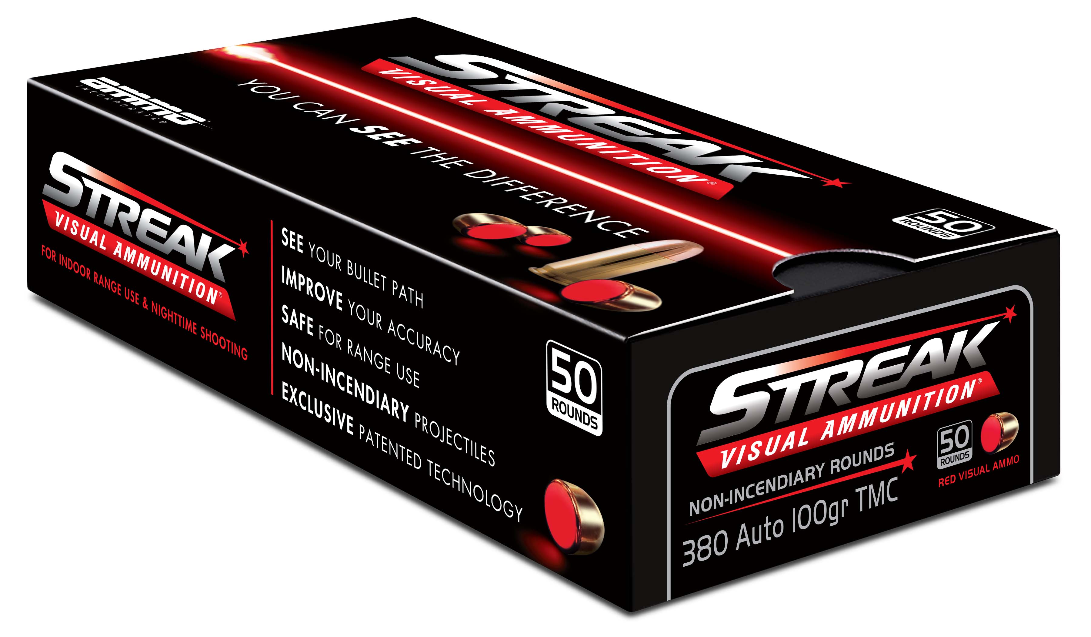 Ammo, Inc. Streak .380 Auto 100 Grain Tracer-Like Full Metal Jacket Brass Cased Red Pistol Ammunition