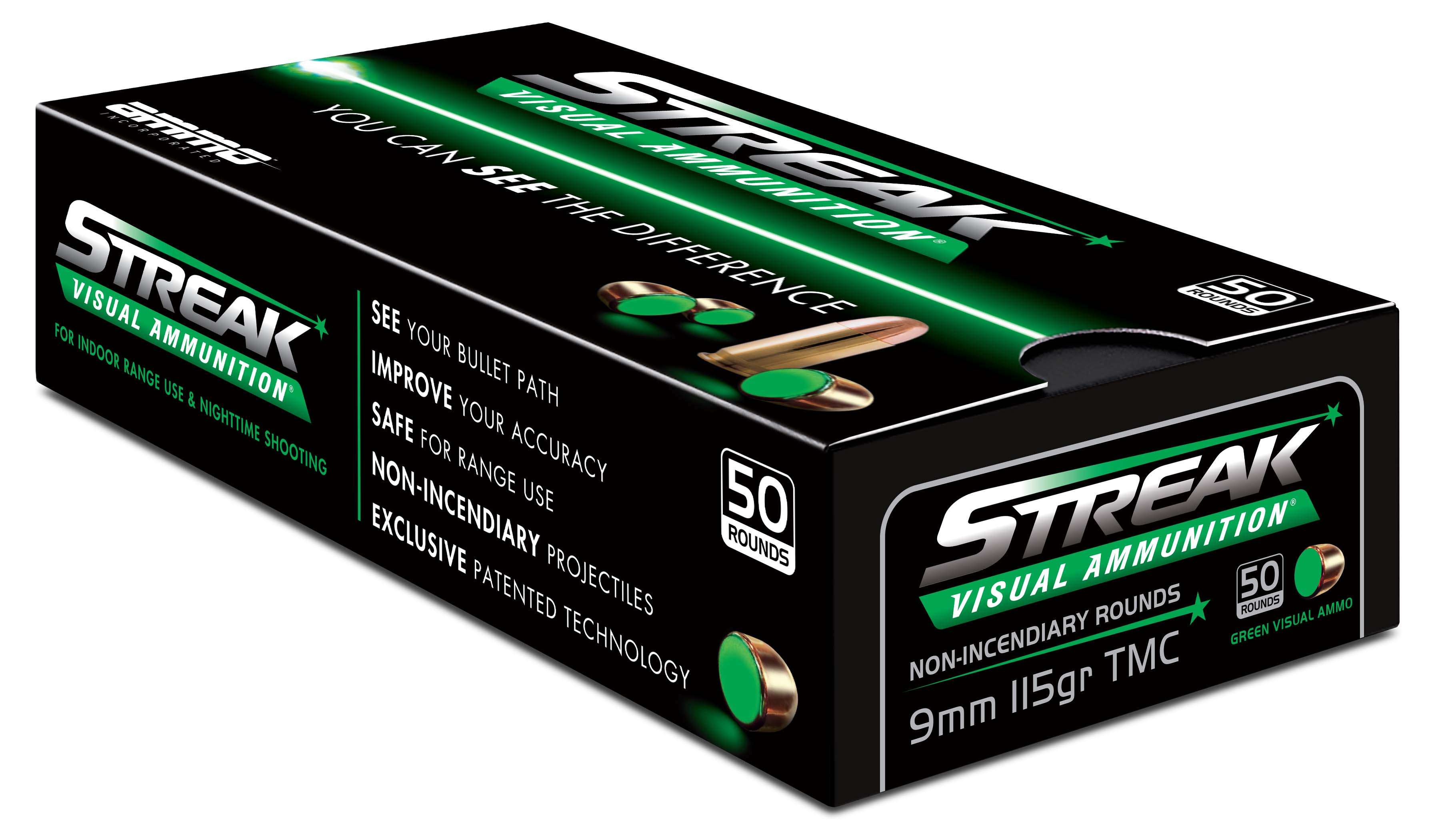 Ammo, Inc. Streak 9mm Luger 115 Grain Tracer-Like Full Metal Jacket Brass Cased Green Pistol Ammunition