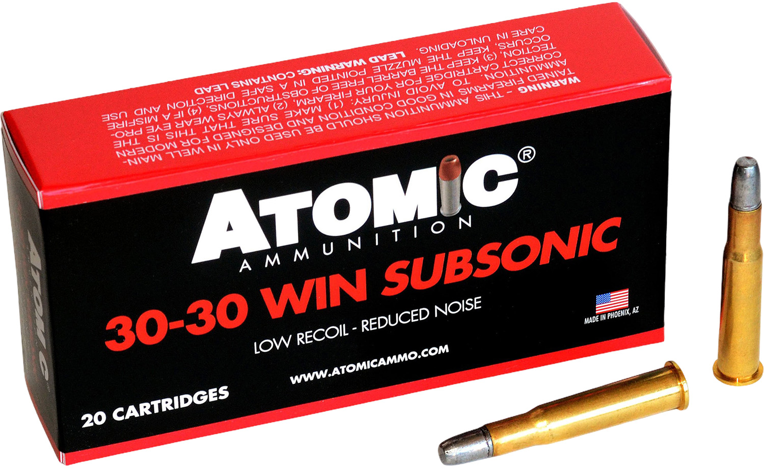 Atomic Ammunition Subsonic 30-30 Win 165 Grain Lead Round Nose Flat Point Brass Cased Rifle Ammunition