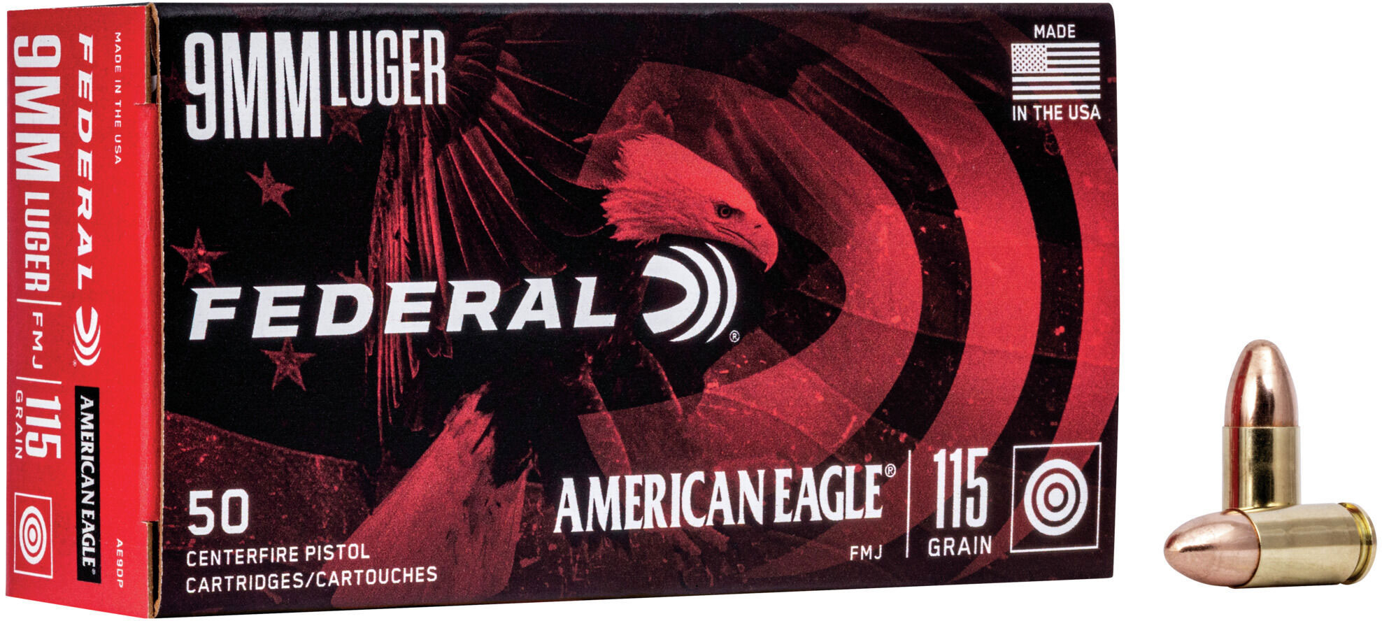 Federal AE 9mm Luger 115 Grain FMJ Brass Cased Centerfire Rifle Ammunition
