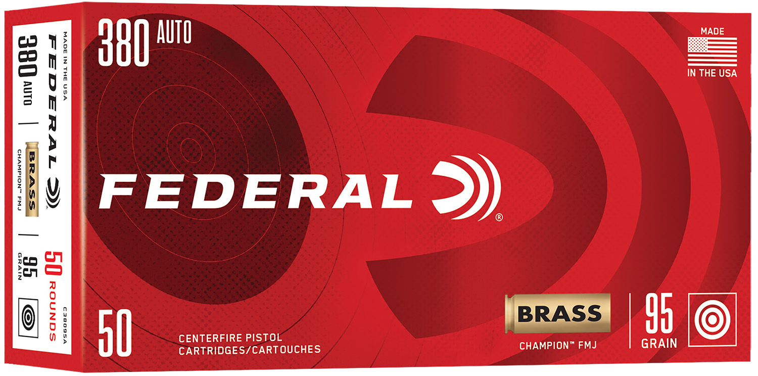 Federal Champion 380 Auto 95 Grain Full Metal Jacket Brass Cased Pistol Ammunition