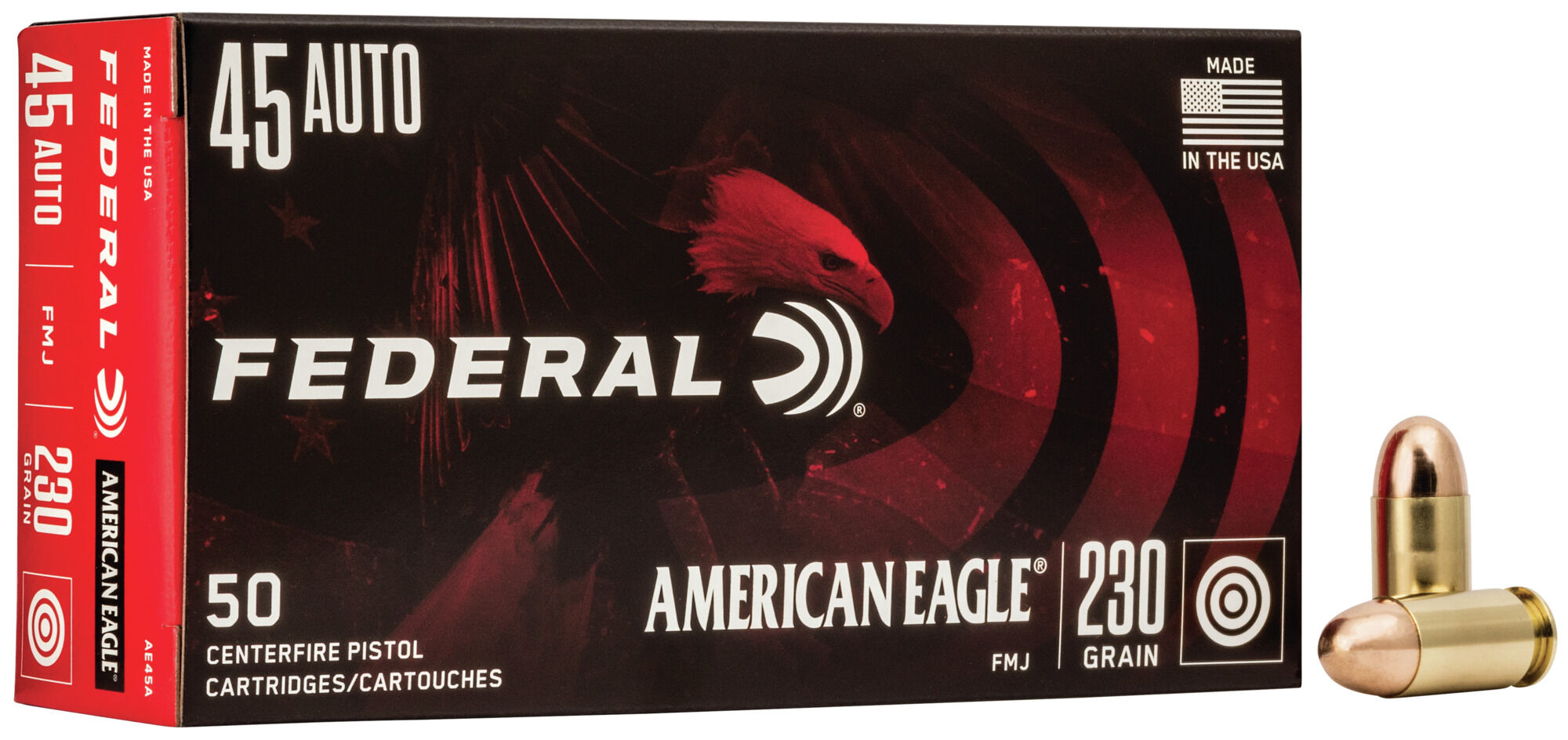 Federal Premium American Eagle Handgun 45 Auto 230 Grain Full Metal Jacket Brass Cased Centerfire Pistol Ammunition