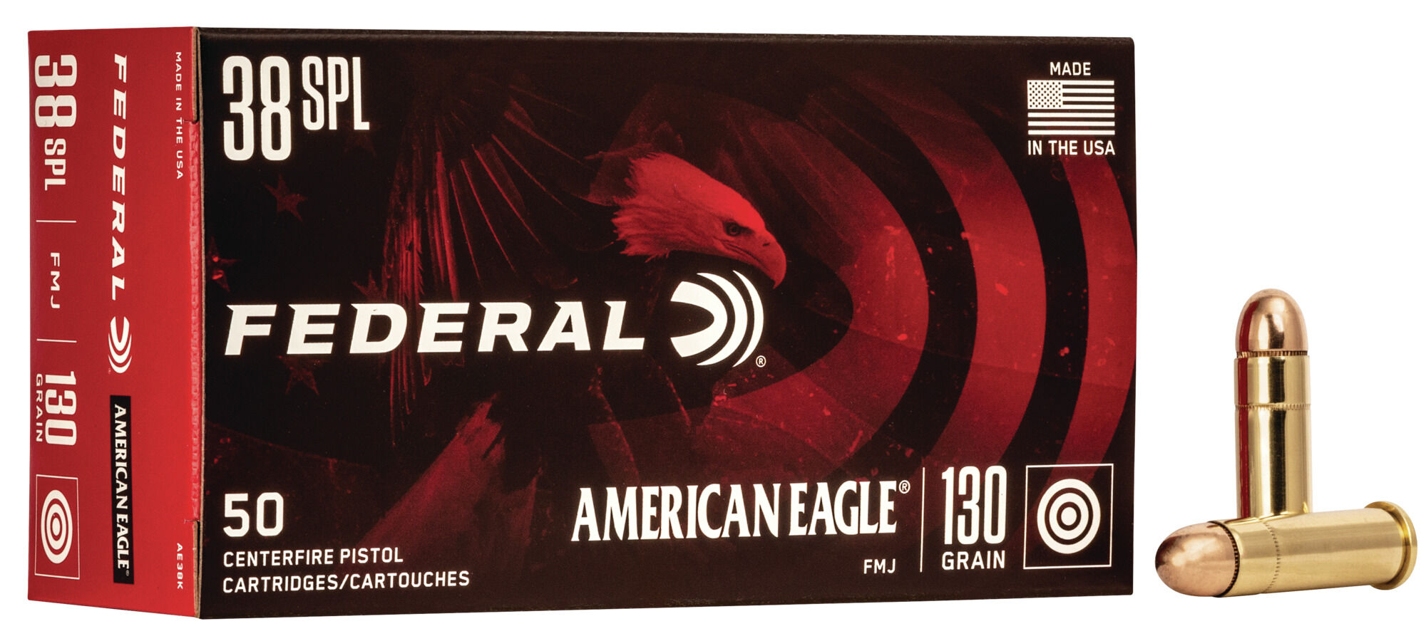 Federal Premium American Eagle Handgun 38 Special 130 Grain Full Metal Jacket Brass Cased Centerfire Pistol Ammunition