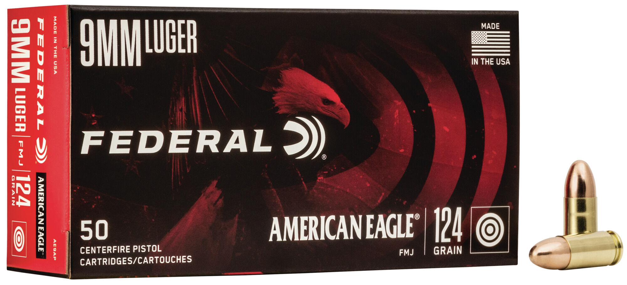 Federal Premium American Eagle Handgun 9 mm Luger 124 Grain Full Metal Jacket Centerfire Pistol Ammunition