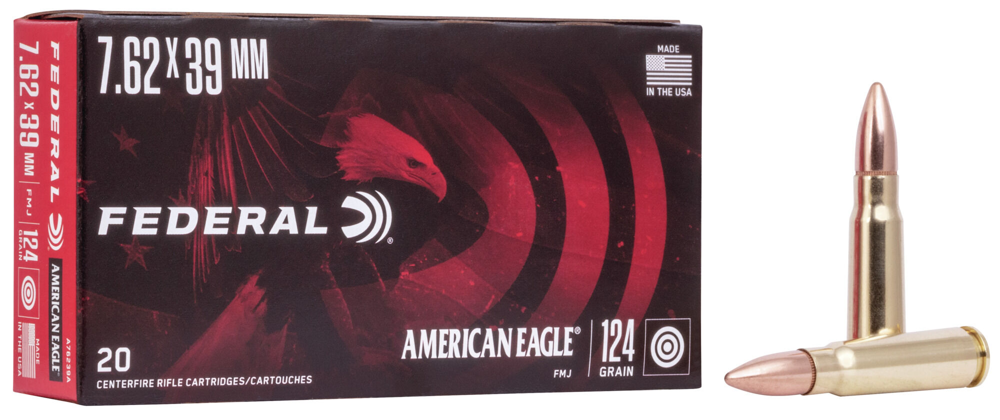 Federal Premium American Eagle Rifle 7.62x39mm Soviet 124 Grain Full Metal Jacket Brass Cased Centerfire Rifle Ammunition