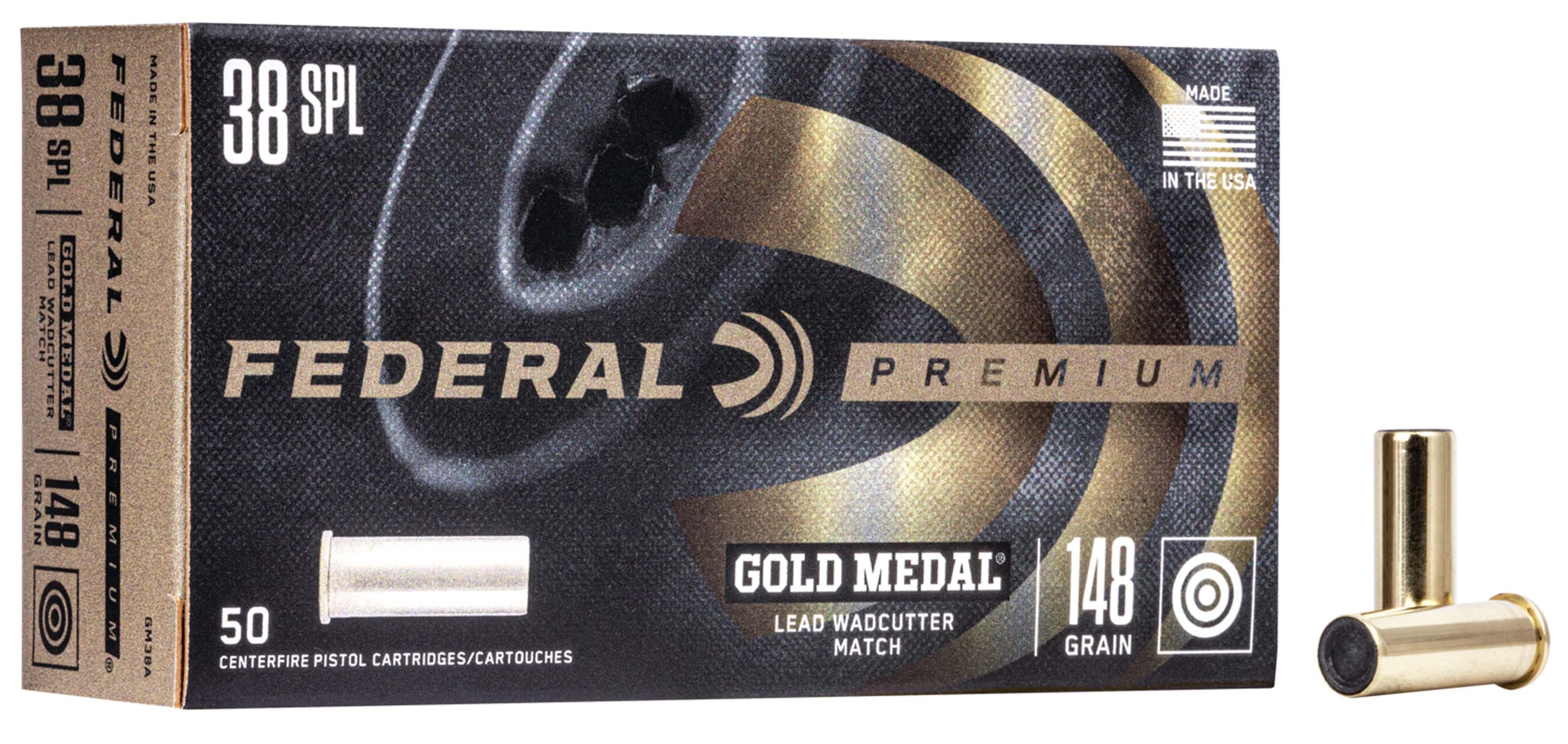 Federal Premium Gold Medal Handgun 38 Special 148 Grain Lead Wadcutter Brass Cased Centerfire Pistol Ammunition