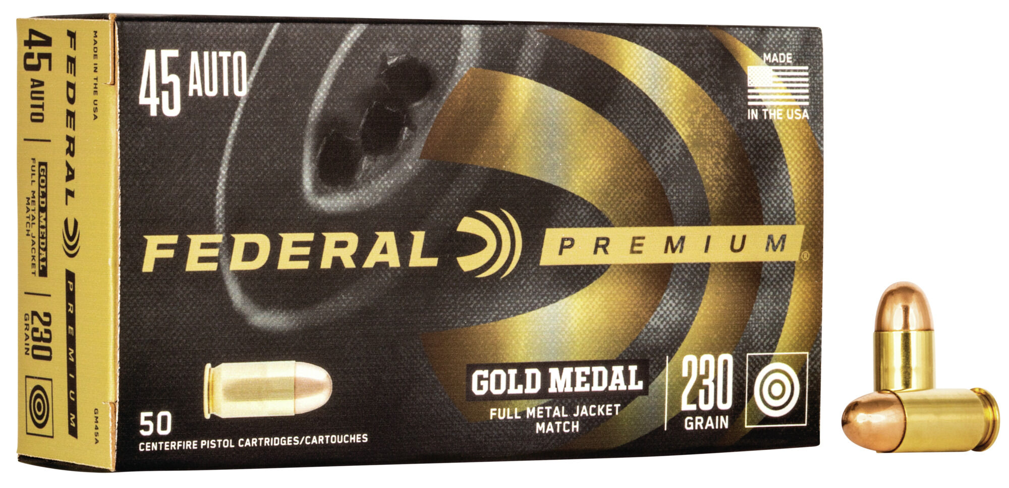 Federal Premium Gold Medal Handgun 45 Auto 230 Grain Full Metal Jacket Brass Cased Centerfire Pistol Ammunition