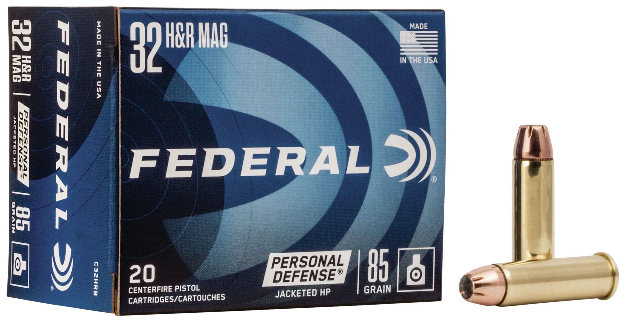 Federal Premium Personal Defense Revolver 32 H&R Magnum 85 Grain Jacketed Hollow Point Brass Cased Centerfire Pistol Ammunition