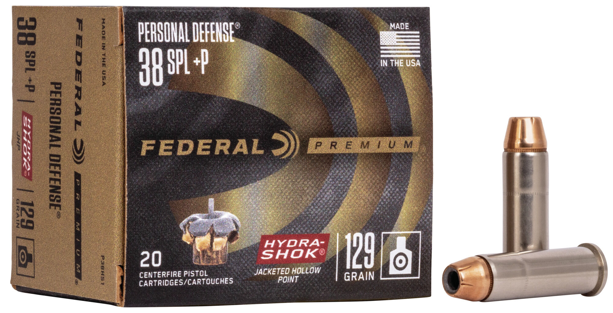 Federal Premium Personal Defense Hydra-Shok 38 Special +P 129 Grain Jacketed Hollow Point Centerfire Pistol Ammunition