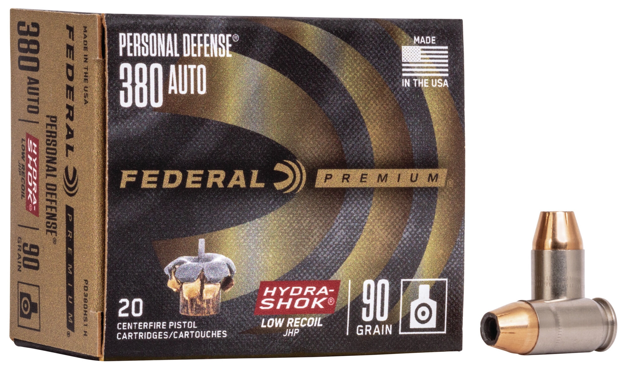 Federal Premium Personal Defense Hydra-Shok Low Recoil 380 Auto 90 Grain Jacketed Hollow Point Centerfire Pistol Ammunition