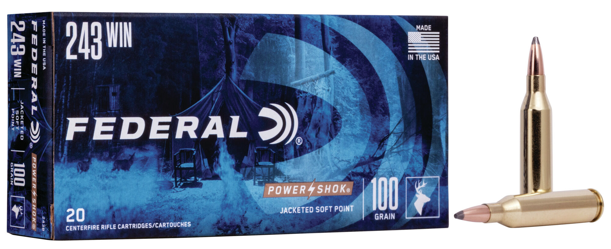 Federal Premium Power-Shok .243 Winchester 100 Grain Jacketed Soft Point Centerfire Rifle Ammunition