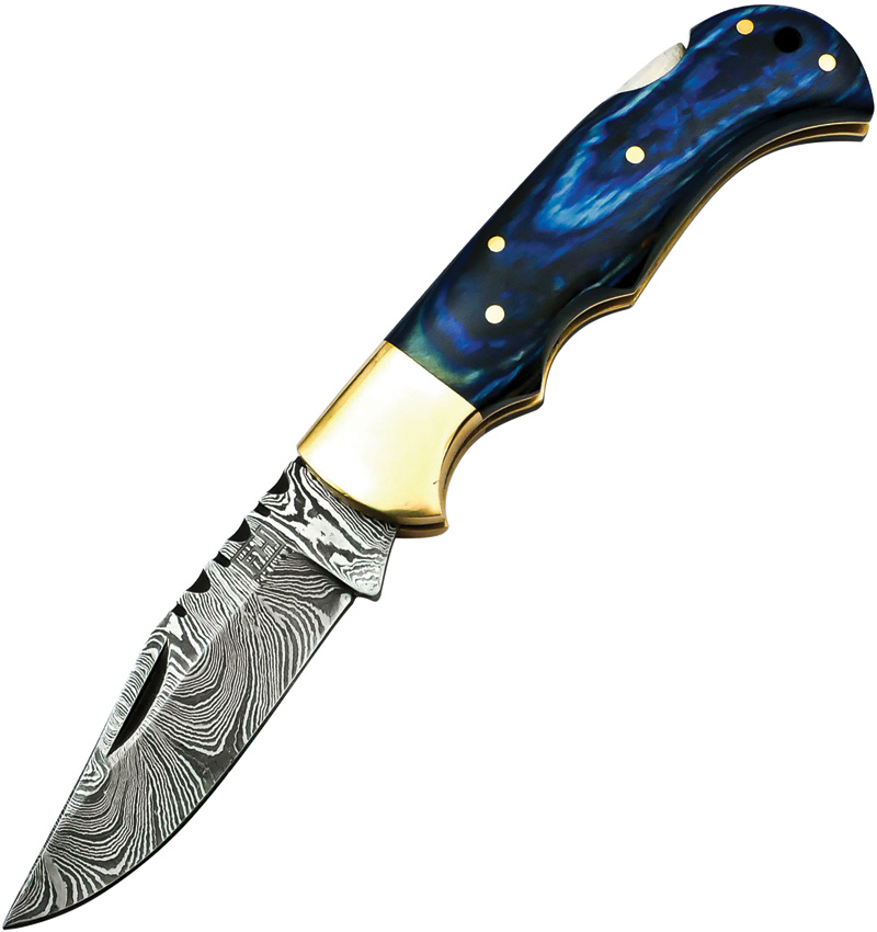 FH Knives Lockback Damascus Blue | Free Shipping over $49!