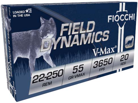 Fiocchi Field Dynamics .22-250 Remington 55 Grain VMAX Brass Rifle Ammunition