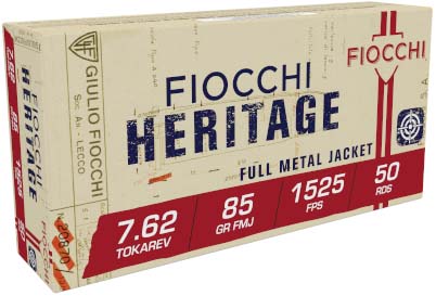 Fiocchi Heritage 7.62 Tokarev 88 Grain FMJ Brass Pistol Ammunition