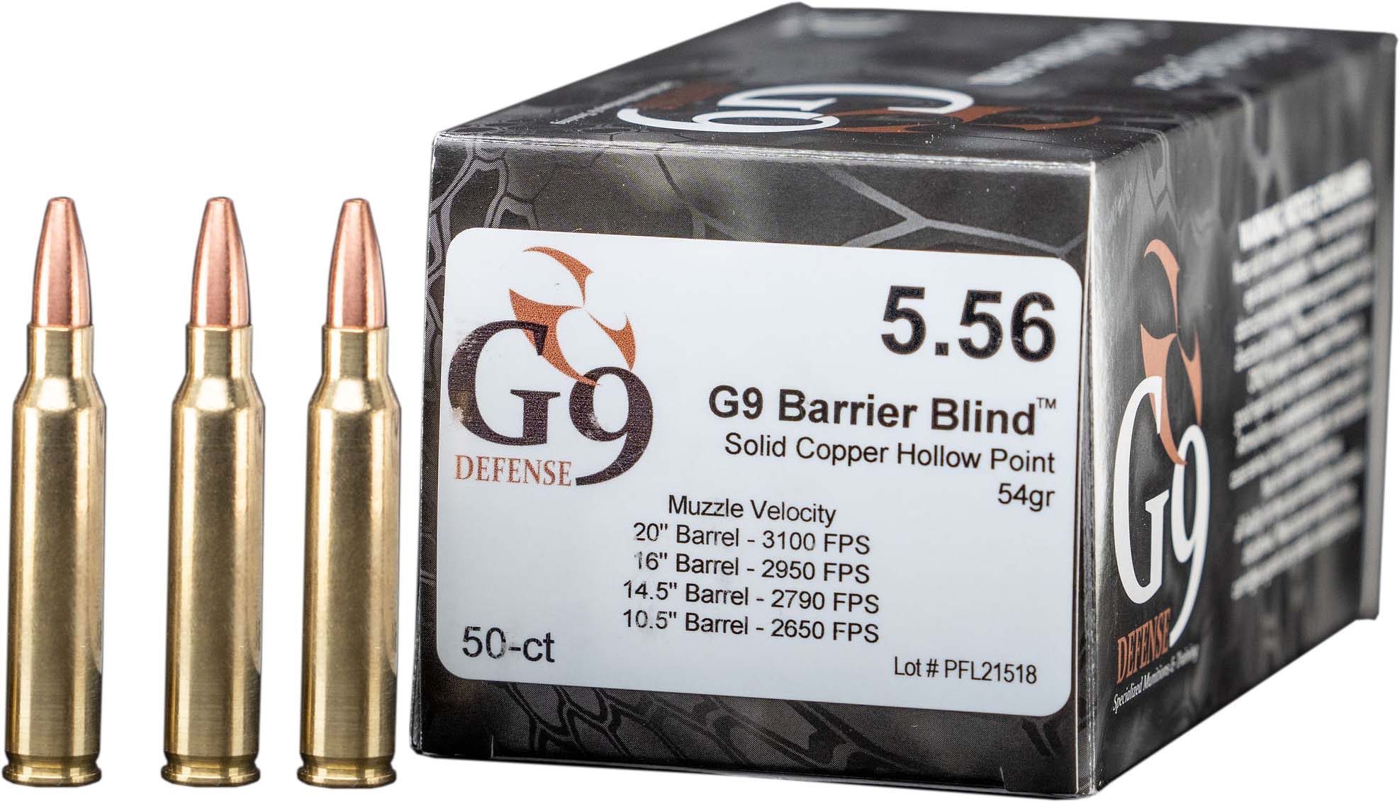 G9 Defense 5.56mm 54 Grain Hollow Point Brass Cased Pistol Ammunition