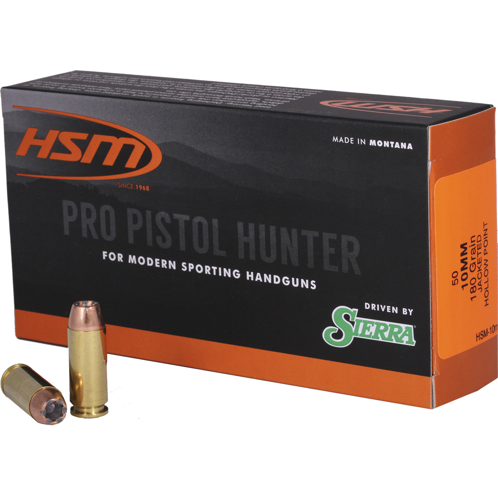 HSM Ammunition Pro Hunter 10mm Auto 180 Grain Jacketed Hollow Point (JHP) Brass Cased Centerfire Pistol Ammunition