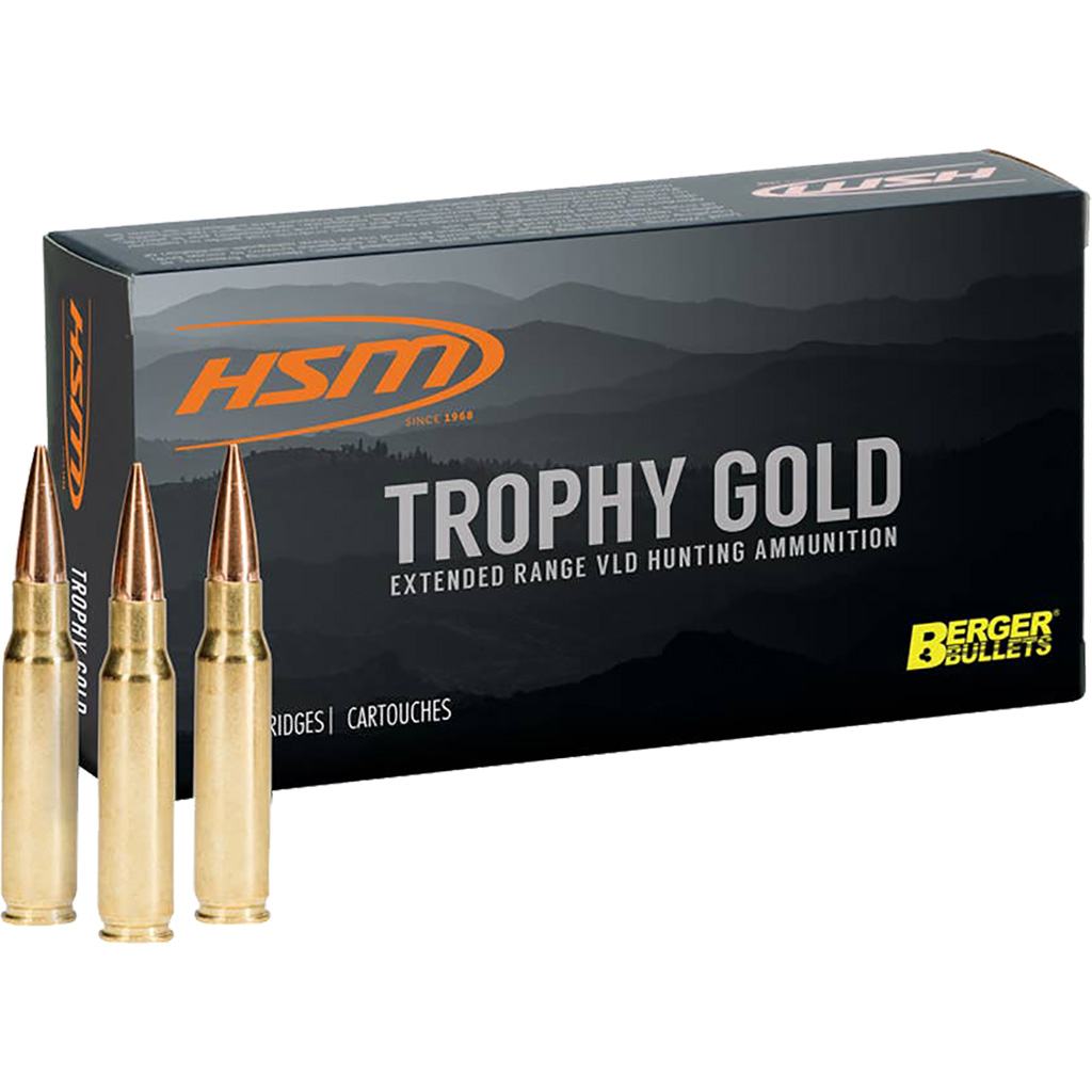 HSM Ammunition Trophy Gold 7mm Remington Magnum 140 Grain Berger VLD Brass Cased Centerfire Rifle Ammunition