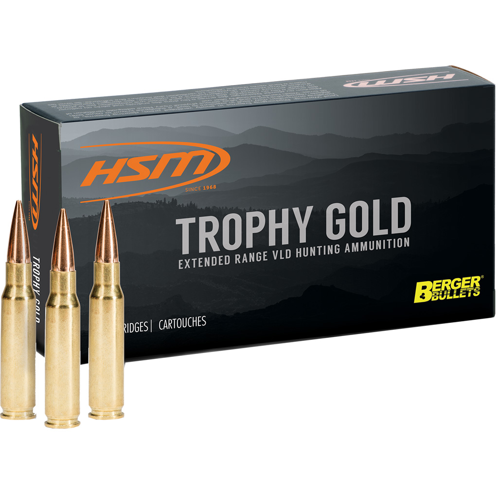 HSM Ammunition Trophy Gold .338 Winchester Magnum 250 Grain Berger VLD Brass Cased Centerfire Rifle Ammunition