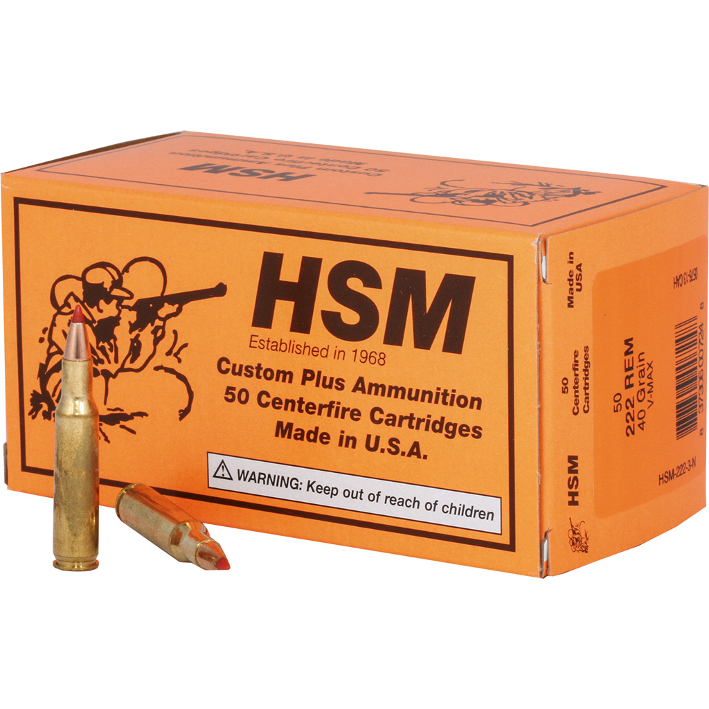 HSM Ammunition Varmint .222 Remington 40 Grain Hornady V-MAX Brass Cased Centerfire Rifle Ammunition