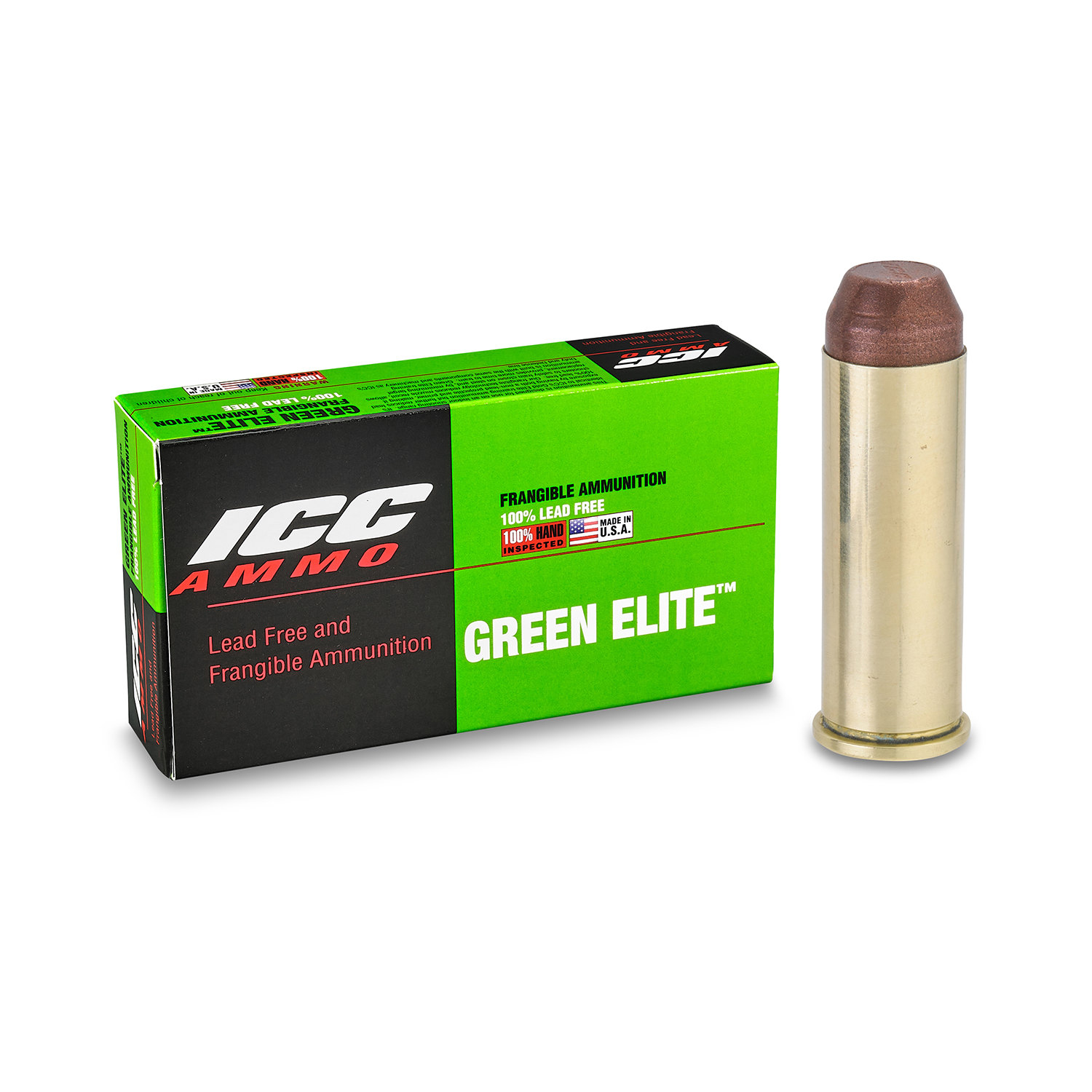 ICC Ammo Green Elite .44 MAG 185 Grain Frangible Flat Point Brass Pistol Ammunition