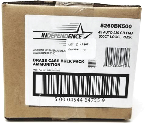 Independence Ammo .45 Auto 230 Grain Full Metal Jacket Brass Cased Centerfire Pistol Ammunition