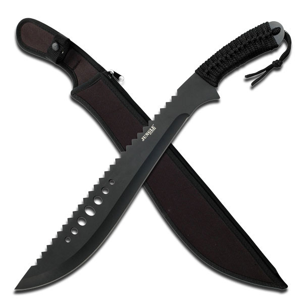 Details about    JM-031B Machete Black Cord-Wrapped Handle 21-In Black Reverse Serrated Blade 