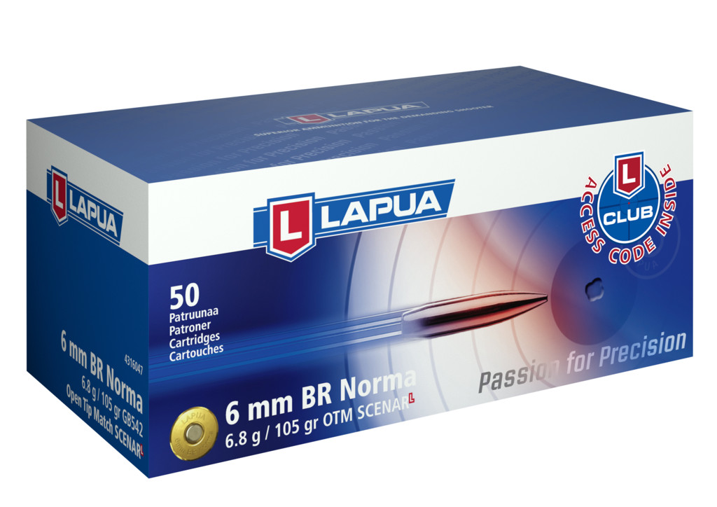 Lapua Scenar-L 6mm Norma BR 105 grain Scenar-L Open Tip Match Brass Cased Centerfire Rifle Ammunition