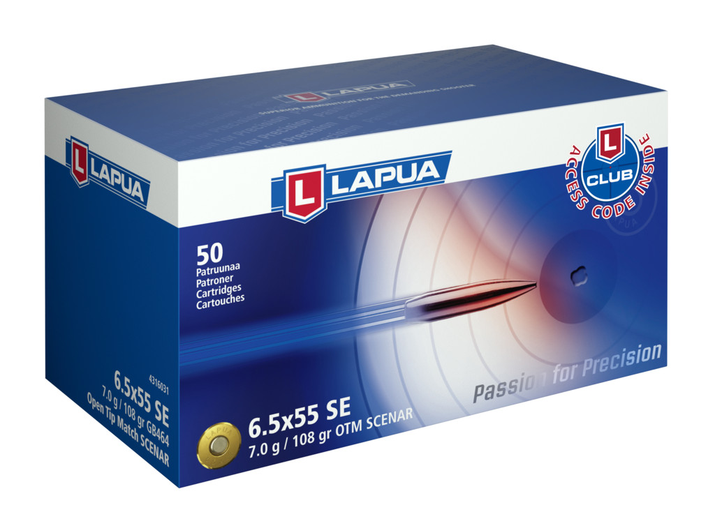 Lapua Scenar 6.5x55mm Swedish 108 grain Scenar Open Tip Match Brass Cased Centerfire Rifle Ammunition