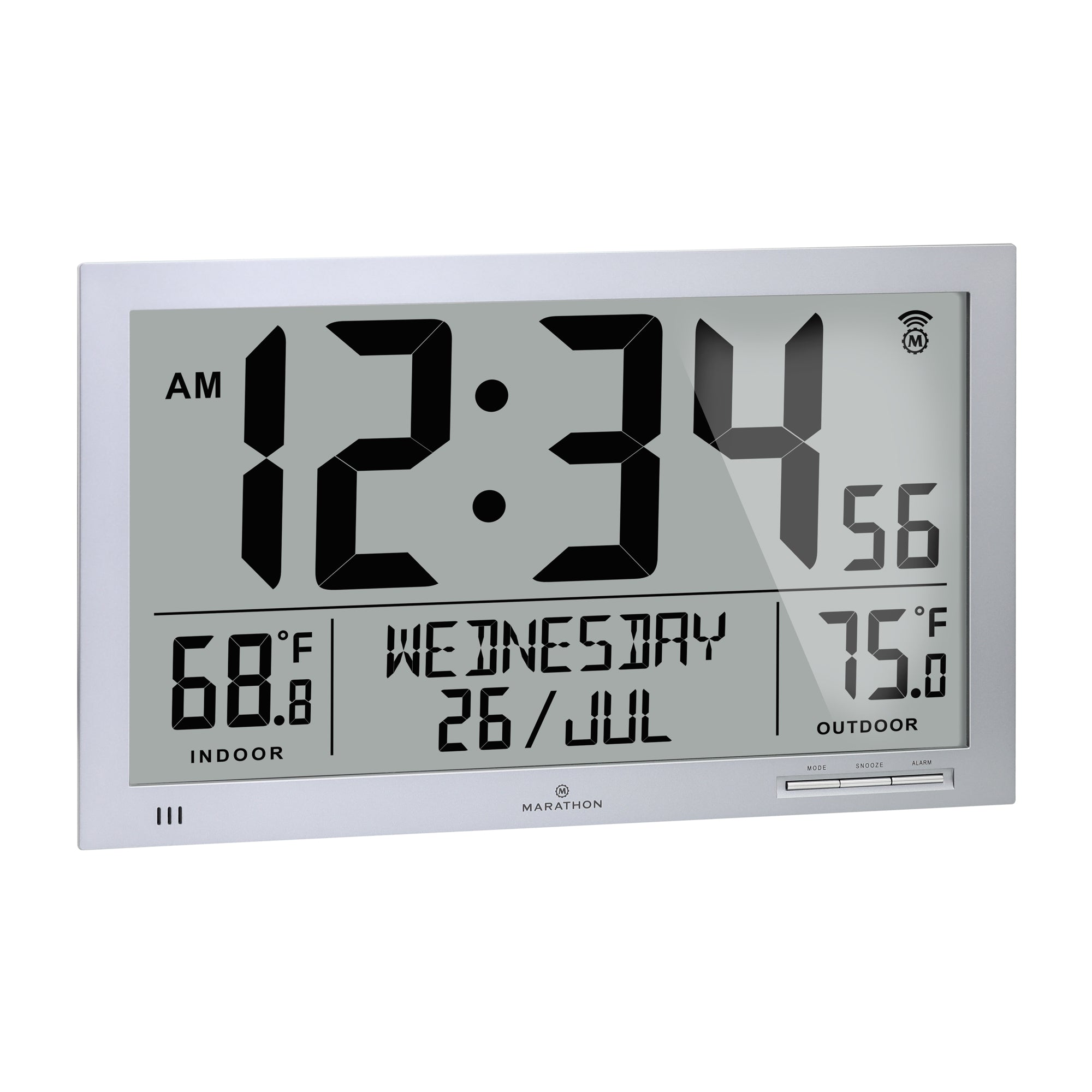 Slim Atomic Full Calendar Wall Clock with Indoor/Outdoor Temperature –  Marathon Watch