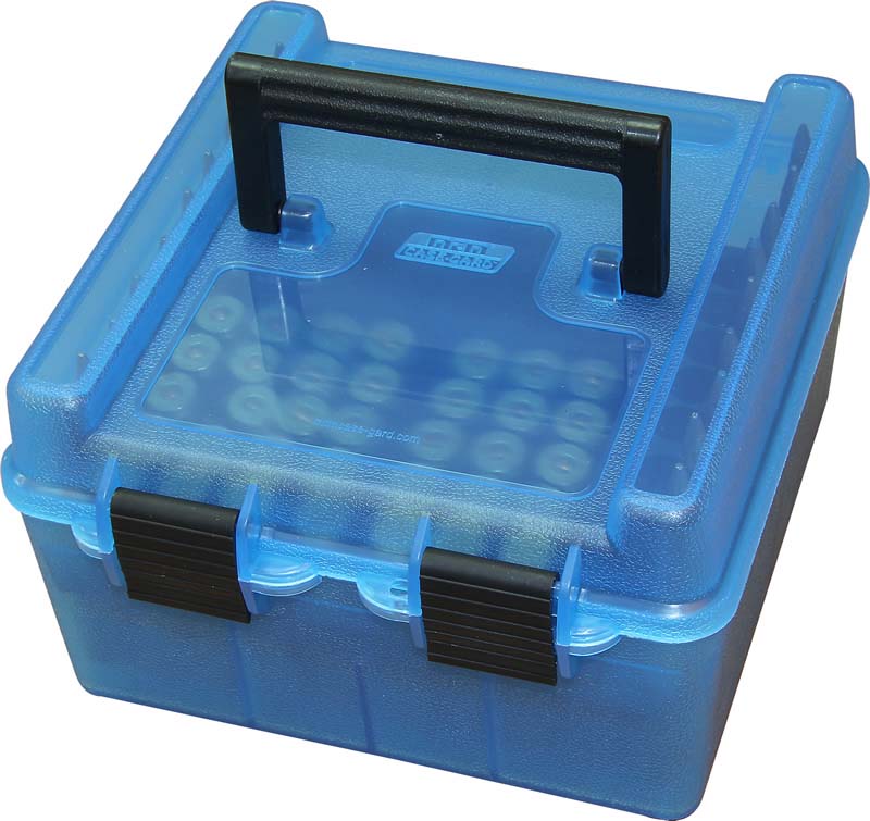 MTM Flip-Top Ammo Box 380 ACP, 9mm Luger 50-Round Plastic Clear Blue