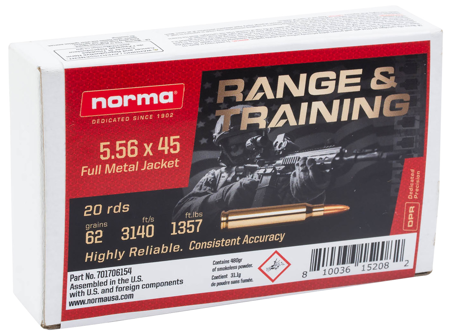 Norma Range & Training 5.56x45mm NATO 62 Grain Full Metal Jac Rifle Ammunition