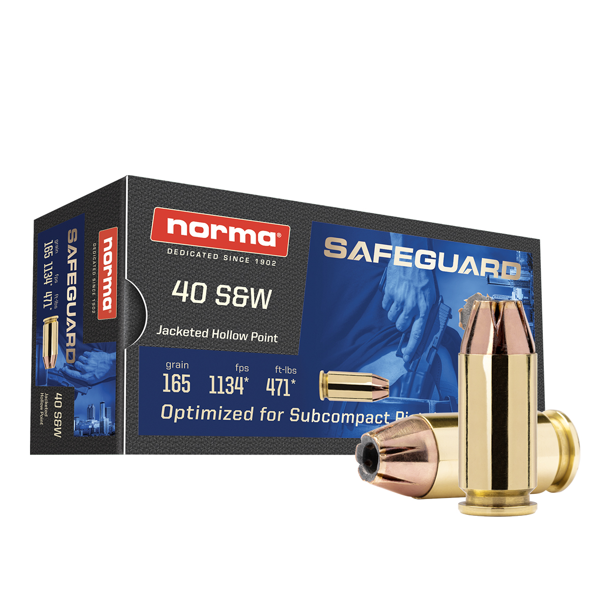 Norma Safeguard .40 S&W 165 Grain Jacketed Hollow Point Brass Cased Pistol Ammunition