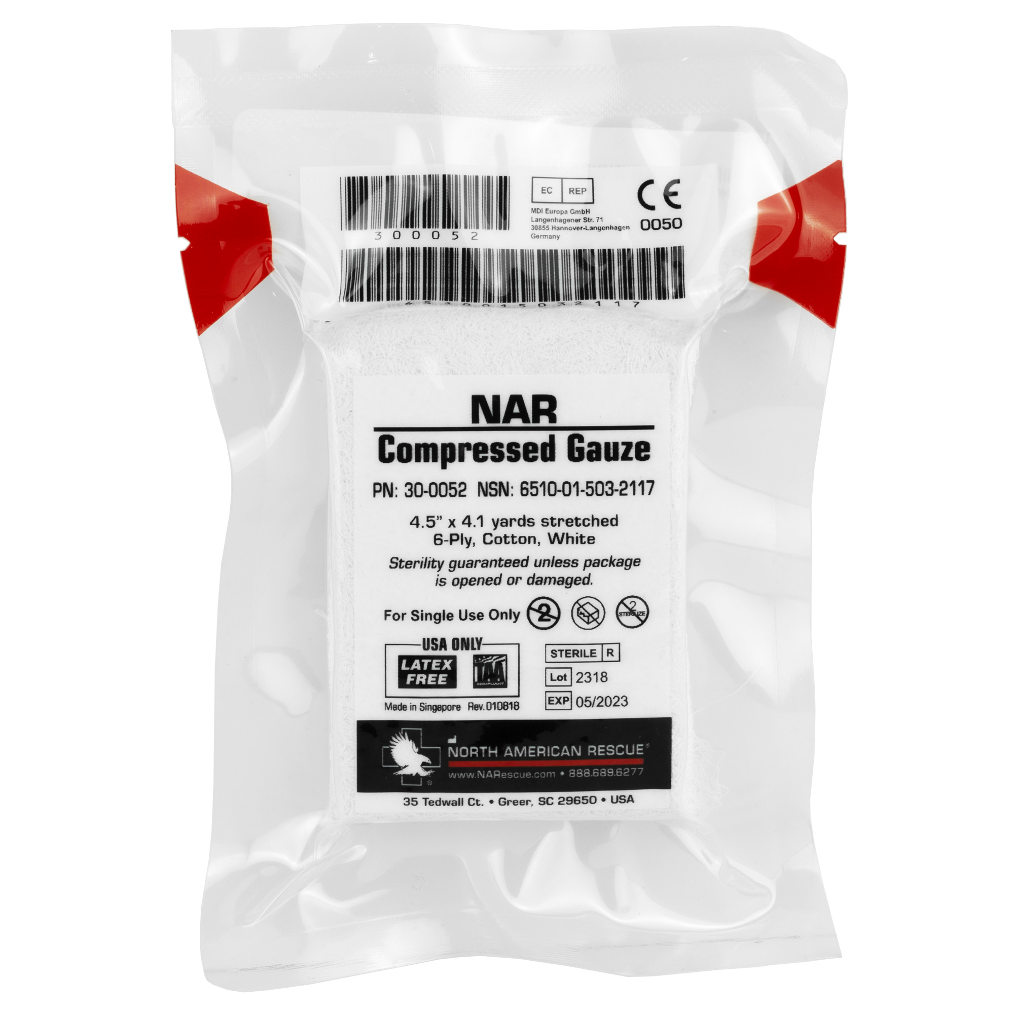 North American Rescue Compressed Gauze, 4.5 x 4.1yd Sterile 6-Ply 100% Cotton Gauze, Crinkle Weave, Latex Free