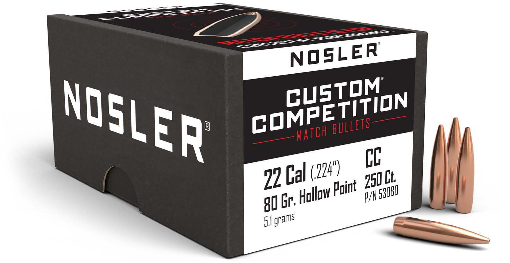 Nosler 53080 Custom Competition 22 Caliber .224 80 GR Hollow Point Boat Tail (H