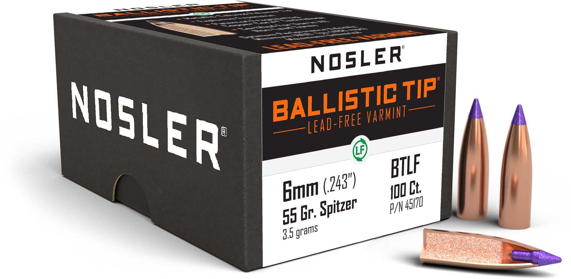 Nosler Ballistic Tip Lead Free Varmint Rifle Bullet 6mm 55gr