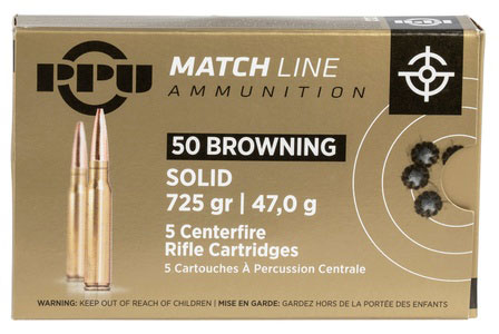 PPU 50BMG MATCH SOLID FMJ 725 Grain Brass Cased Pistol Ammunition