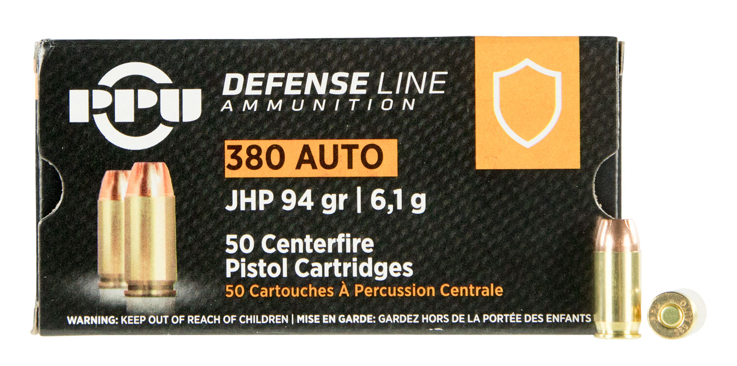 PPU Defense .380 ACP 94 Grain Jacketed Hollow Point Brass Cased Pistol Ammunition